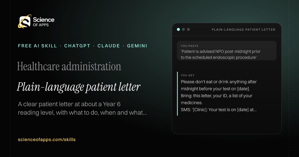 Plain-language patient letter AI skill for Patient services / practice manager: you paste "'Patient is advised NPO post-midnight prior to the scheduled endoscopic procedure'" and get "Please don't eat or drink anything after midnight before your test on [date]."