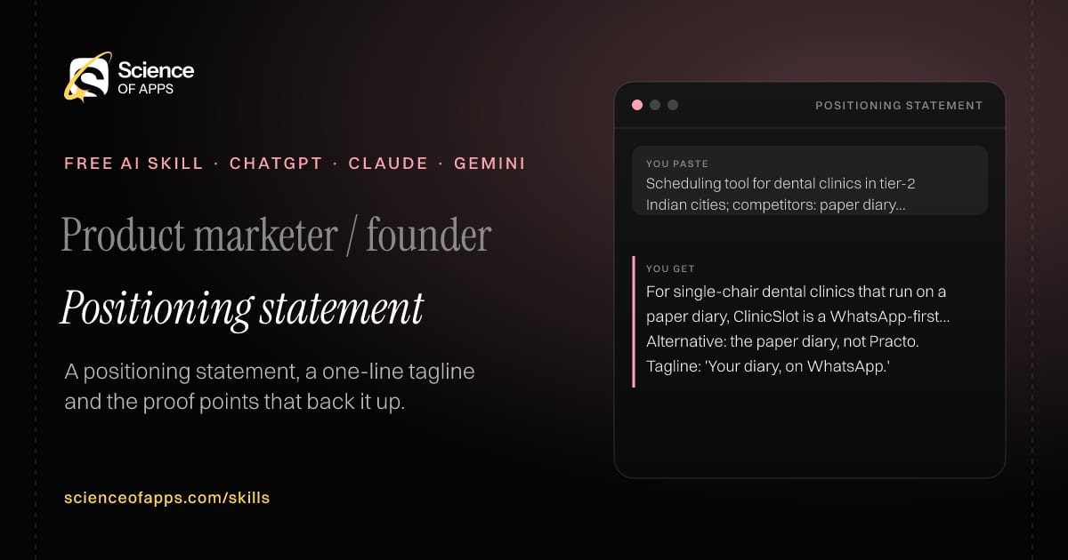 Positioning statement AI skill for Product marketer / founder: you paste "Scheduling tool for dental clinics in tier-2 Indian cities; competitors: paper diary, Practo" and get "For single-chair dental clinics that run on a paper diary, ClinicSlot is a WhatsApp-first booking tool…"