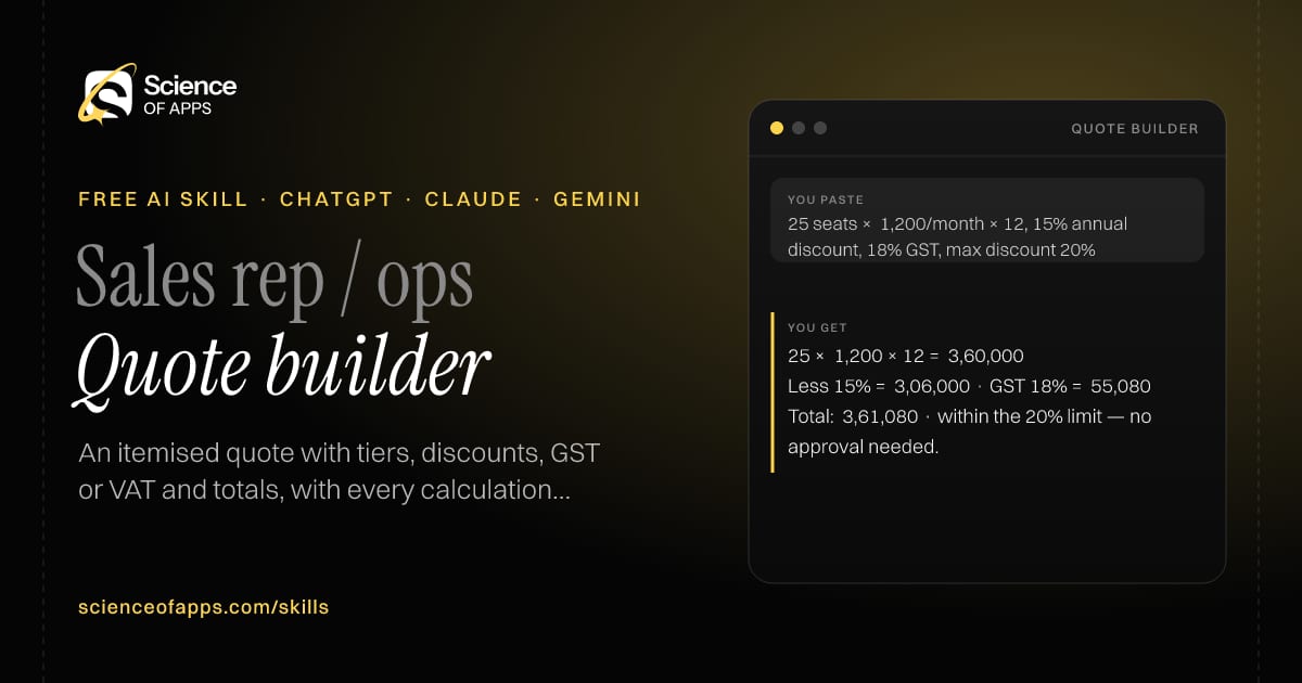 Quote builder AI skill for Sales rep / ops: you paste "25 seats × ₹1,200/month × 12, 15% annual discount, 18% GST, max discount 20%" and get "25 × ₹1,200 × 12 = ₹3,60,000"