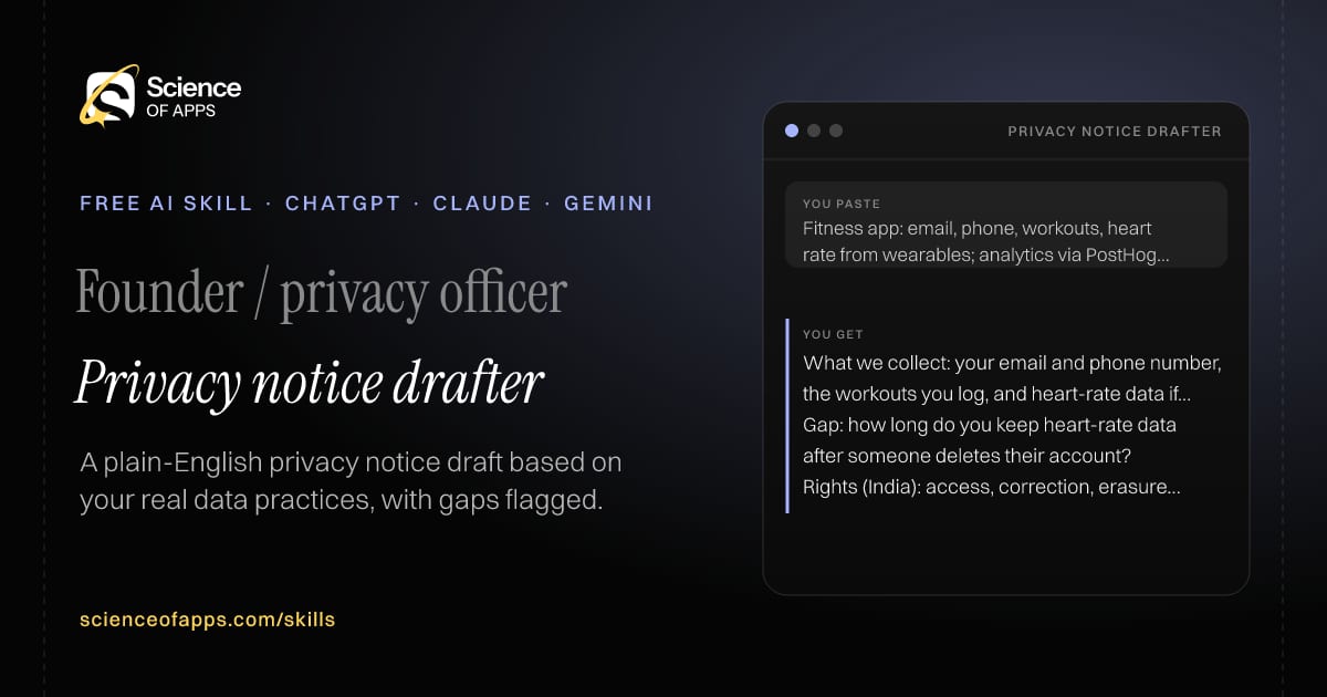 Privacy notice drafter AI skill for Founder / privacy officer: you paste "Fitness app: email, phone, workouts, heart rate from wearables; analytics via PostHog; servers in Mumbai" and get "What we collect: your email and phone number, the workouts you log, and heart-rate data if you connect a wearable."