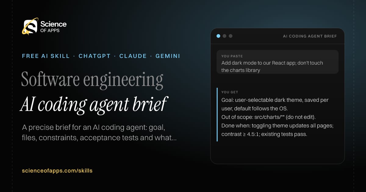 AI coding agent brief AI skill for Developer using AI coding agents: you paste "Add dark mode to our React app; don't touch the charts library" and get "Goal: user-selectable dark theme, saved per user, default follows the OS."