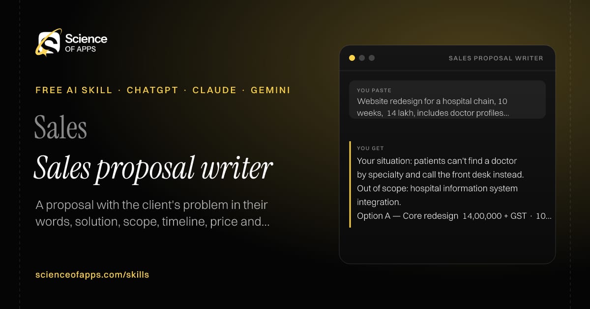 Sales proposal writer AI skill for Account executive / consultant: you paste "Website redesign for a hospital chain, 10 weeks, ₹14 lakh, includes doctor profiles and booking" and get "Your situation: patients can't find a doctor by specialty and call the front desk instead."