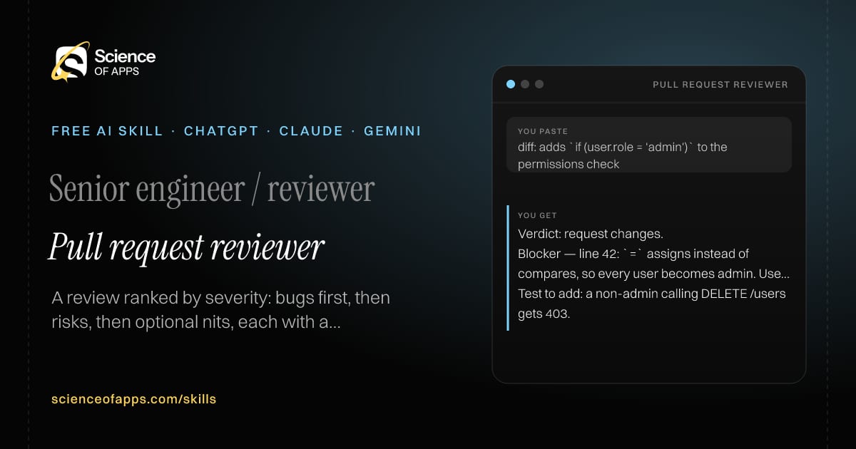 Pull request reviewer AI skill for Senior engineer / reviewer: you paste "diff: adds `if (user.role = 'admin')` to the permissions check" and get "Verdict: request changes."