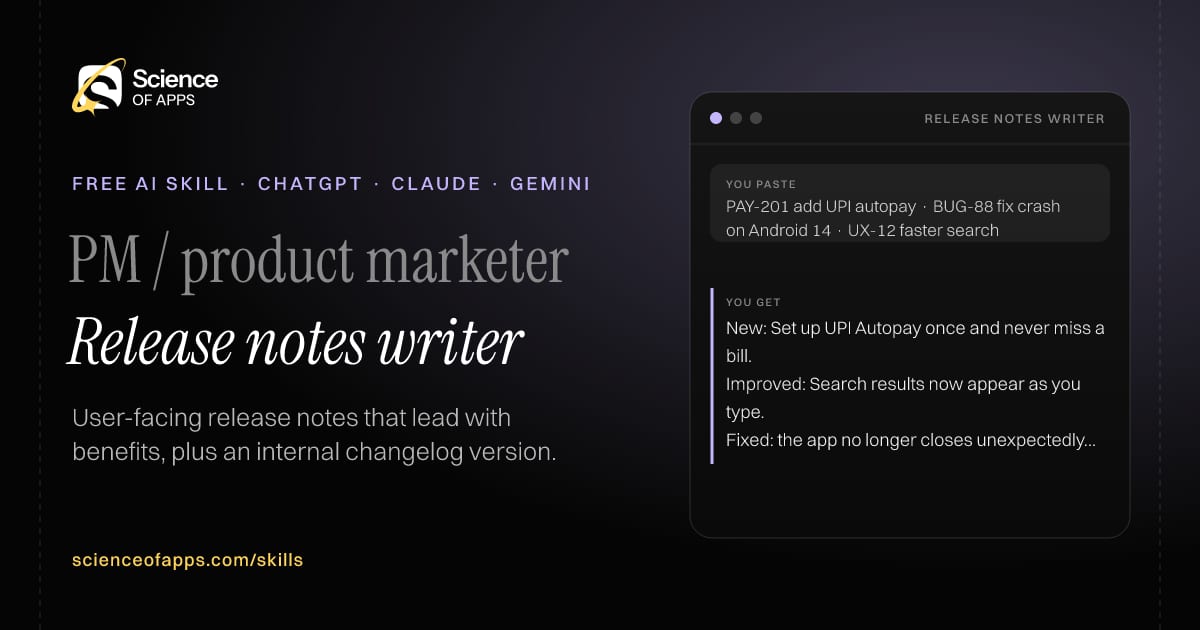 Release notes writer AI skill for PM / product marketer: you paste "PAY-201 add UPI autopay · BUG-88 fix crash on Android 14 · UX-12 faster search" and get "New: Set up UPI Autopay once and never miss a bill."