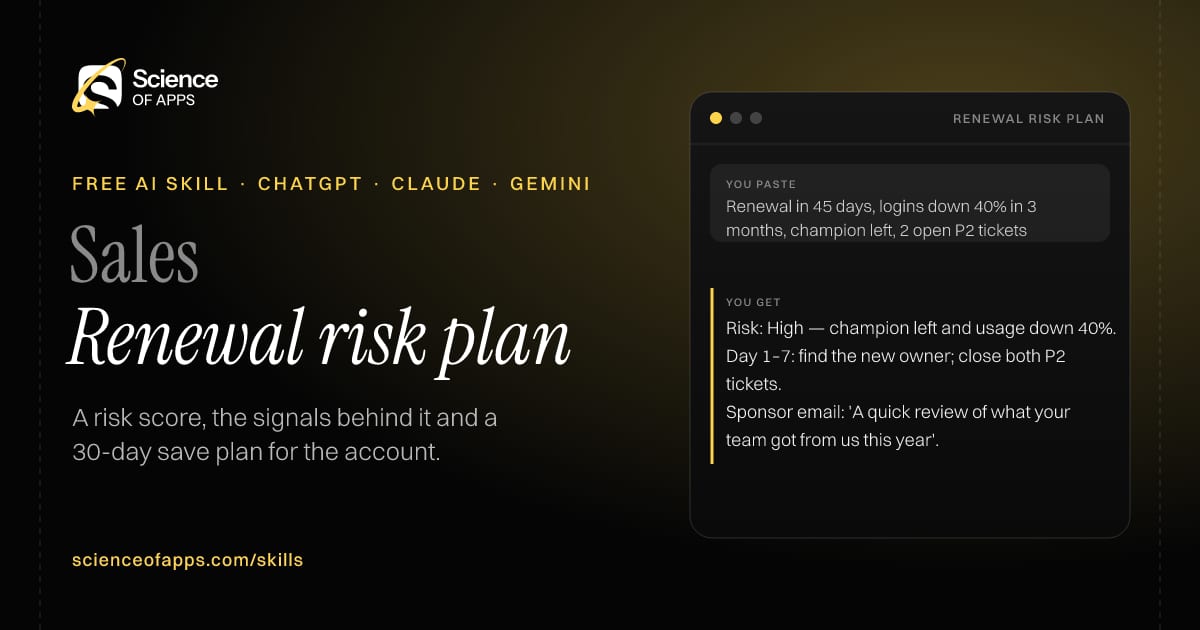 Renewal risk plan AI skill for Account manager / customer success: you paste "Renewal in 45 days, logins down 40% in 3 months, champion left, 2 open P2 tickets" and get "Risk: High — champion left and usage down 40%."
