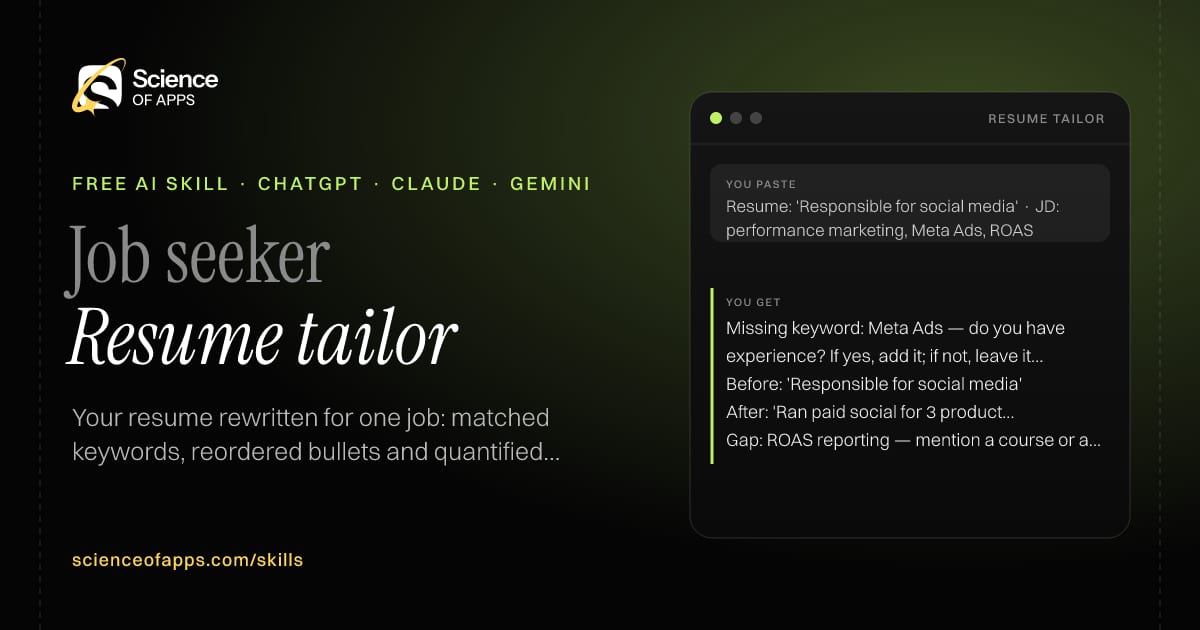 Resume tailor AI skill for Job seeker: you paste "Resume: 'Responsible for social media' · JD: performance marketing, Meta Ads, ROAS" and get "Missing keyword: Meta Ads — do you have experience? If yes, add it; if not, leave it out."