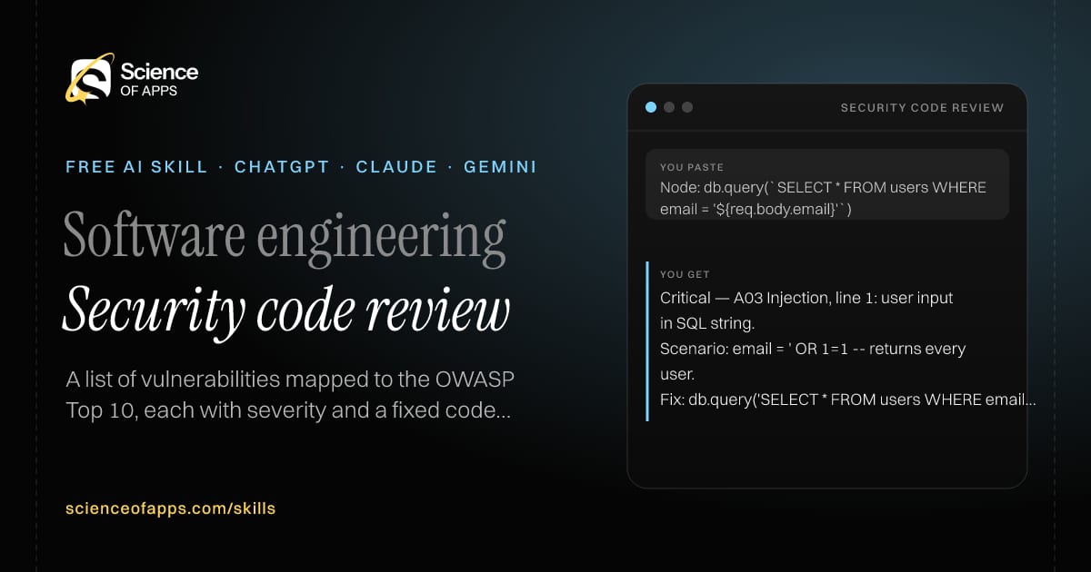 Security code review AI skill for Security engineer / developer: you paste "Node: db.query(`SELECT * FROM users WHERE email = '${req.body.email}'`)" and get "Critical — A03 Injection, line 1: user input in SQL string."