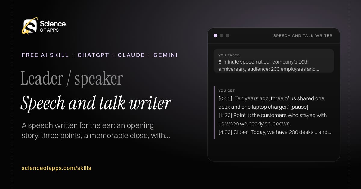 Speech and talk writer AI skill for Leader / speaker: you paste "5-minute speech at our company's 10th anniversary, audience: 200 employees and families" and get "[0:00] 'Ten years ago, three of us shared one desk and one laptop charger.' [pause]"