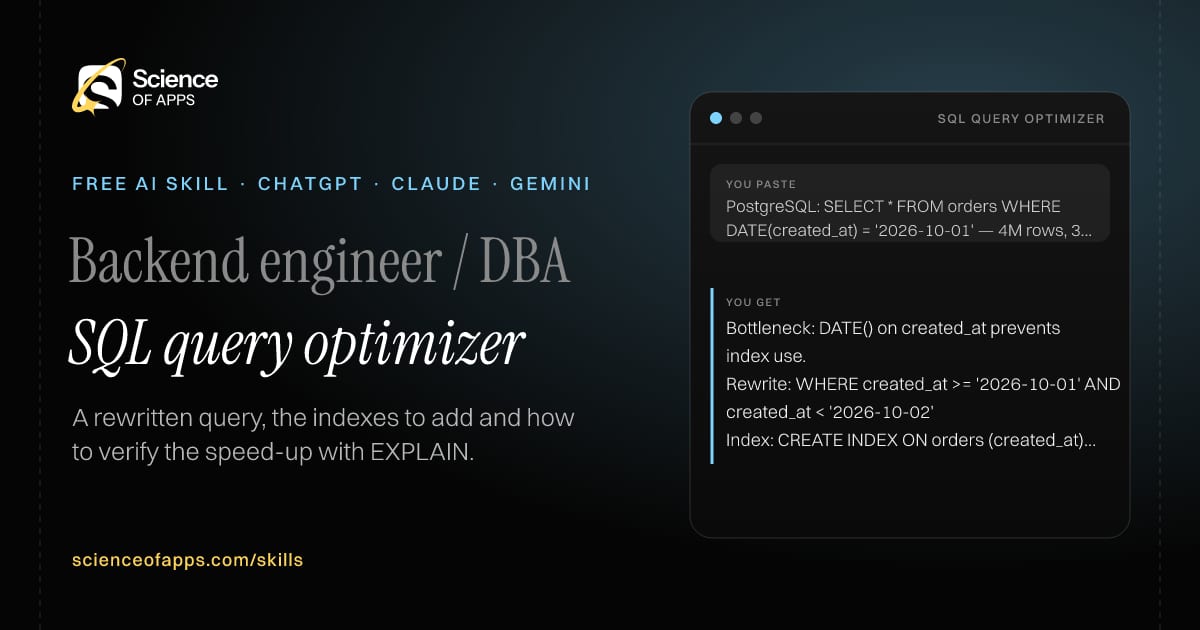 SQL query optimizer AI skill for Backend engineer / DBA: you paste "PostgreSQL: SELECT * FROM orders WHERE DATE(created_at) = '2026-10-01' — 4M rows, 3 s" and get "Bottleneck: DATE() on created_at prevents index use."