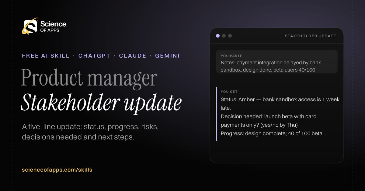 Stakeholder update AI skill for Product manager: you paste "Notes: payment integration delayed by bank sandbox, design done, beta users 40/100" and get "Status: Amber — bank sandbox access is 1 week late."