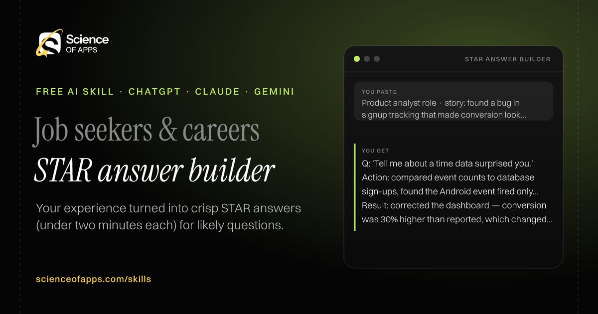 STAR answer builder AI skill for Job seeker / interview candidate: you paste "Product analyst role · story: found a bug in signup tracking that made conversion look 30% lower" and get "Q: 'Tell me about a time data surprised you.'"