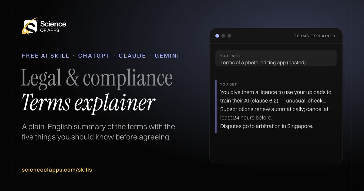 Terms explainer AI skill for Consumer or small business owner: you paste "Terms of a photo-editing app (pasted)" and get "You give them a licence to use your uploads to train their AI (clause 6.2) — unusual; check for an opt-out."