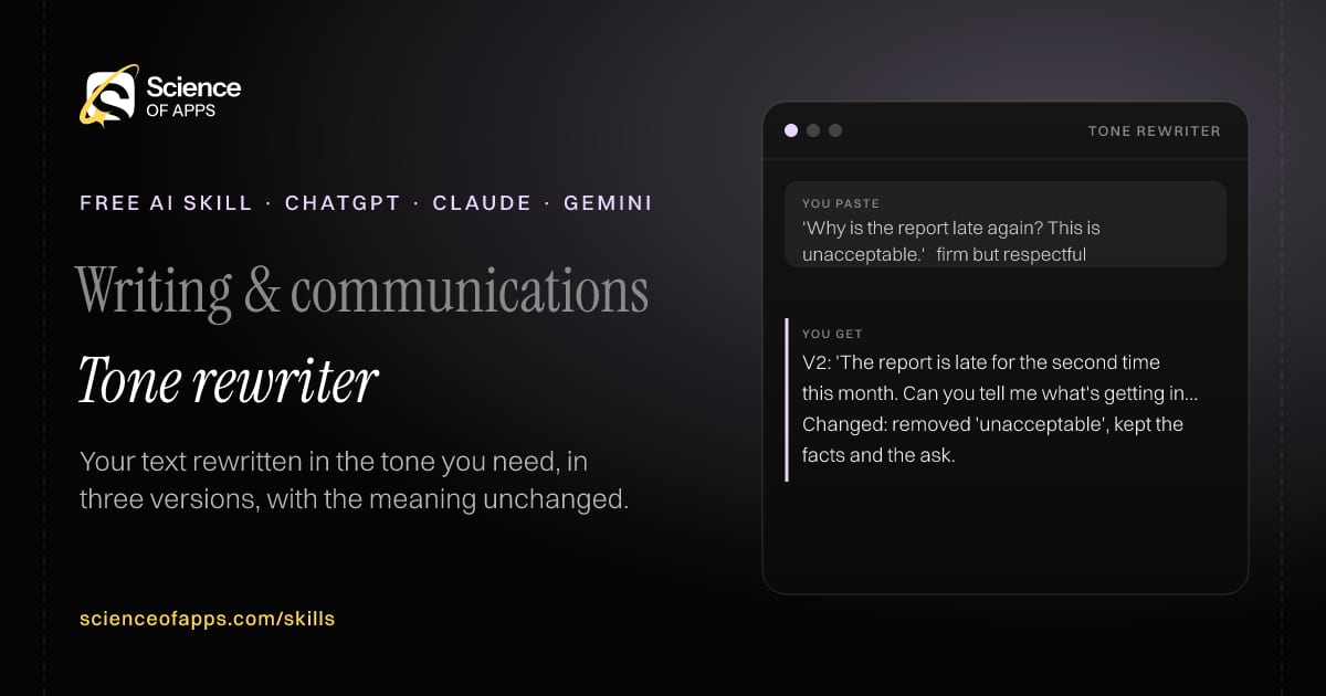 Tone rewriter AI skill for Professional who writes at work: you paste "'Why is the report late again? This is unacceptable.' → firm but respectful" and get "V2: 'The report is late for the second time this month. Can you tell me what's getting in the way, and when I'll have it?'"
