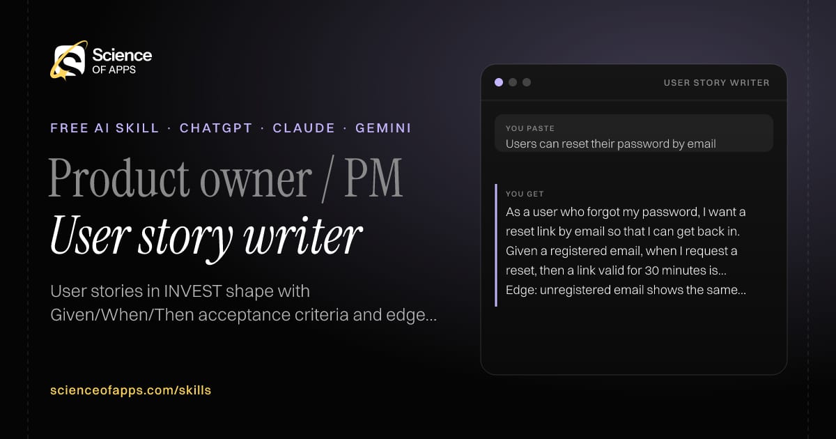 User story writer AI skill for Product owner / PM: you paste "Users can reset their password by email" and get "As a user who forgot my password, I want a reset link by email so that I can get back in."