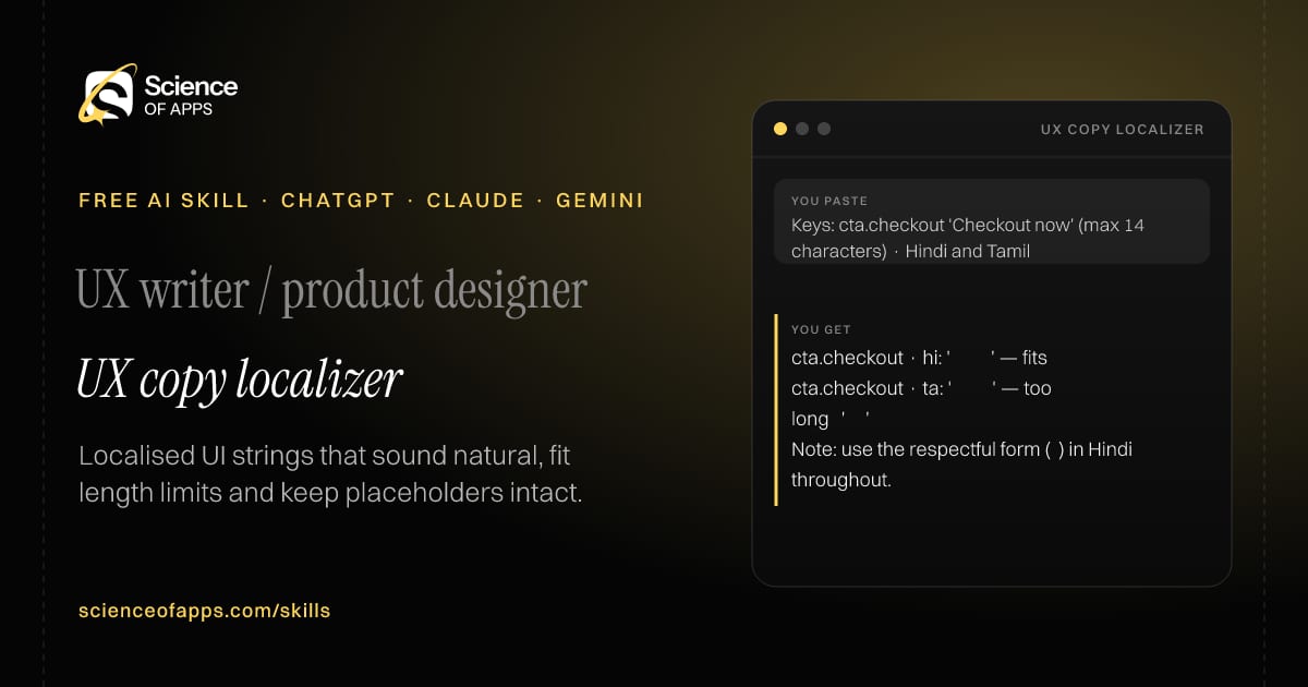 UX copy localizer AI skill for UX writer / product designer: you paste "Keys: cta.checkout 'Checkout now' (max 14 characters) · Hindi and Tamil" and get "cta.checkout · hi: 'अभी ऑर्डर करें' — fits"
