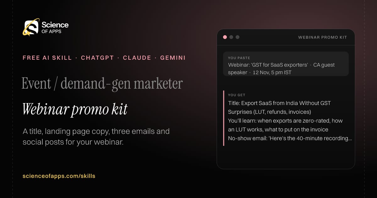 Webinar promo kit AI skill for Event / demand-gen marketer: you paste "Webinar: 'GST for SaaS exporters' · CA guest speaker · 12 Nov, 5 pm IST" and get "Title: Export SaaS from India Without GST Surprises (LUT, refunds, invoices)"