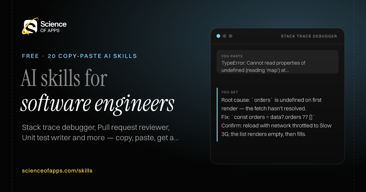 20 free AI skills for software engineering, with an example from Stack trace debugger