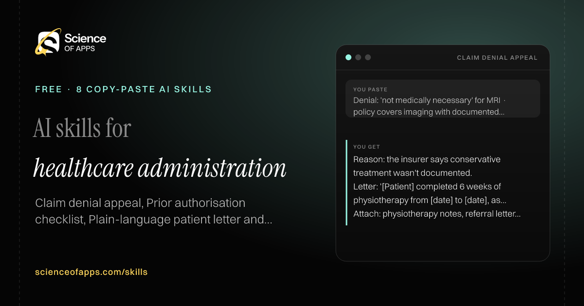 8 free AI skills for healthcare administration, with an example from Claim denial appeal