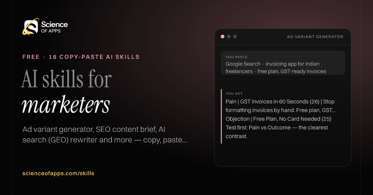 18 free AI skills for marketing, with an example from Ad variant generator