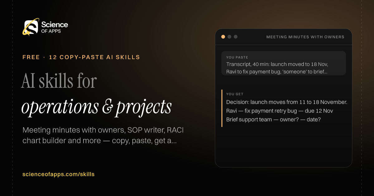 12 free AI skills for operations & project management, with an example from Meeting minutes with owners